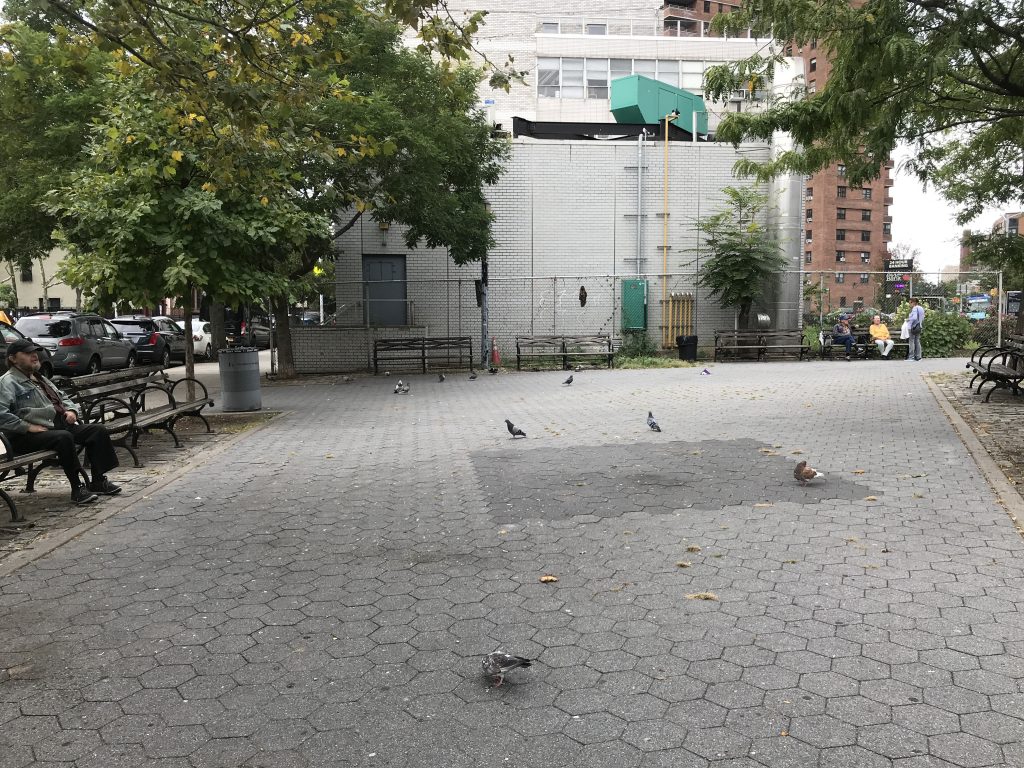 Ahearn Park, nicknamed Pitiful Park, is a triangle between two busy streets (East Broadway and Grand) with a view of concrete and chain link. This is where we can go when East River Park is closed.